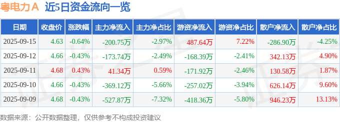 股票行情快报：粤电力Ａ（000539）9月15日主力资金净卖